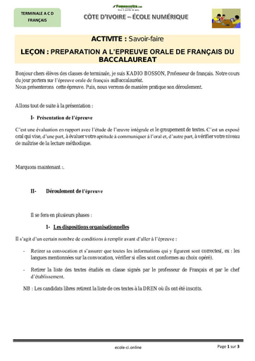 PREPARATION A L’EPREUVE ORALE DE FRANÇAIS DU BACCALAUREAT
