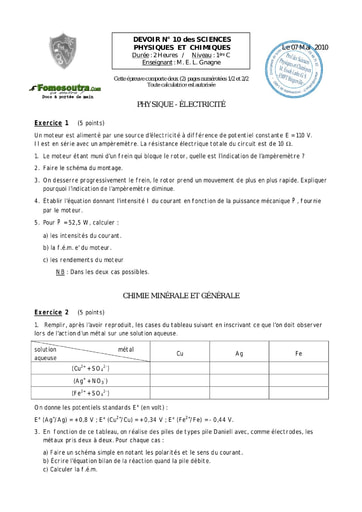 Devoir (10) de Physique-chimie 1ère C EMPT Bingerville