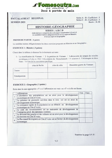 Sujet du BAC régional Histoire Géographie 2021