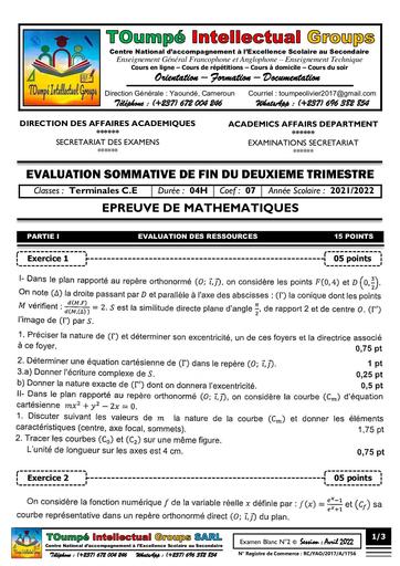 Devoir de Maths Tle C E cameroun