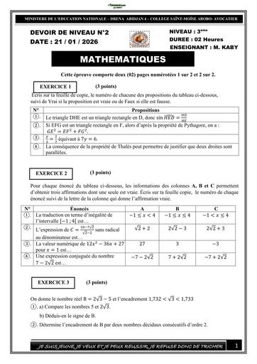 DEVOIR de MATHS niveau 3ème N°2 (2è Trimestre 2025 2026) by TEHUA