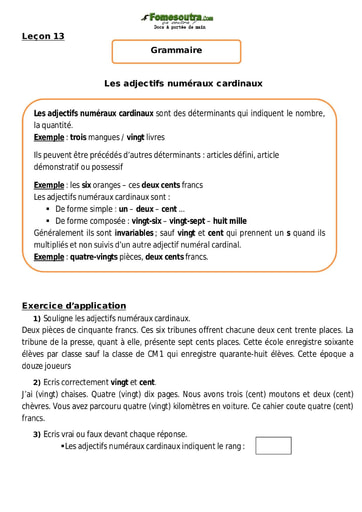 Les adjectifs numéraux cardinaux - Cours CM1
