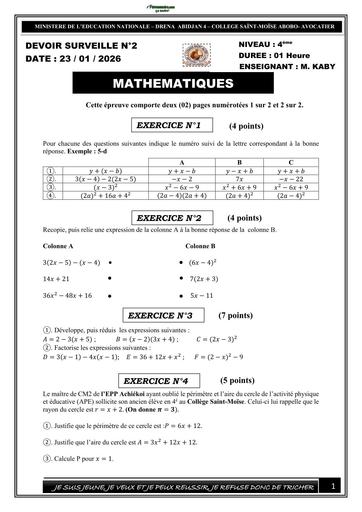 DEVOIR DE MATHS NIVEAU 4ième Collège sainte Moise Janvier 2026 calcul littéral by TEHUA