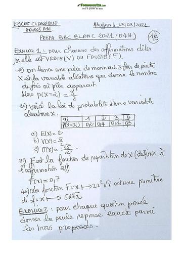Sujet de Mathématiques Terminale D Lycée Classique 2021-2022