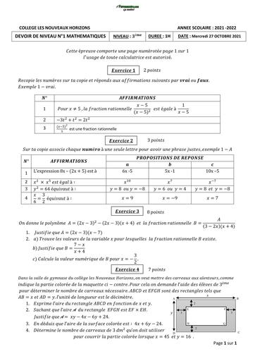DEVOIR DE MATHS NIVEAU 3ième DRENA ABIDJAN 4 COLLEGE LES NOUVEAUX HORIZONS OCTOBRE 2021 BY TEHUA
