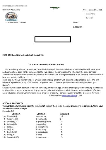 Sujet 4ième Devoir Anglais 4ième ENGLISH TEST N1 ( 2iem trimestre) Collège Bethléem By Tehua