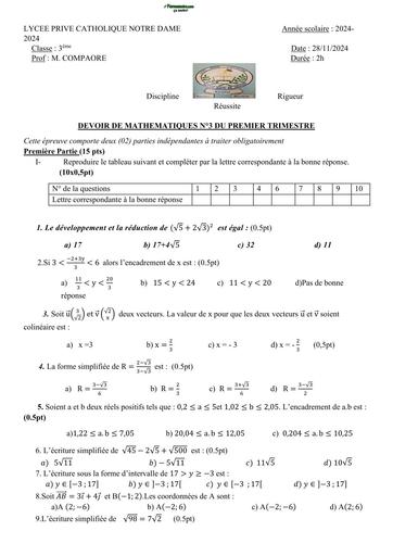 DEVOIR DE MATHS NIVEAU 3ième LPCNDS DE OUAGA N°3 TRIMESTRE 1 BY TEHUA