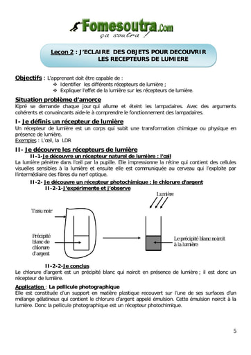 Les différents récepteurs de lumière - Physique 4eme