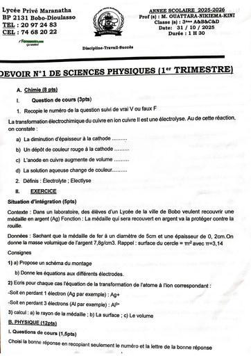 DEVOIR DE PC 3ième LYCEE PRIVE MARANATHA 2023 BY TEHUA