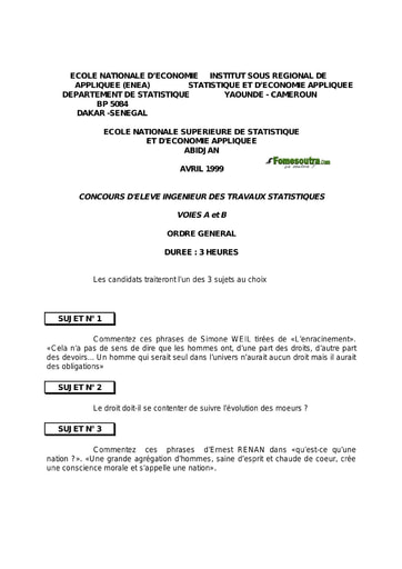 Sujet d'ordre générale ITS B option Economie 1999 (ENSEA - ISSEA - ENSAE)