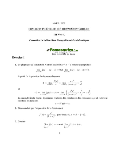 Corrigé 2ème épreuve de maths ITS A 2009 (ENSAE - ISSEA)