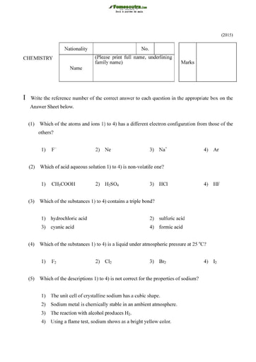 Sujet de Chemistry pour les Bourses d'étude au Japon niveau undergraduate students - année 2015