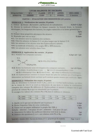 Devoir de Chimie niveau Première C - Lycée Bilingue de DSCHANG - Année scolaire 2021-2022