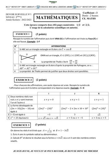 DEVOIR DE MATHS NIVEAU 3ième 2023 N°1 BOCABO BY TEHUA