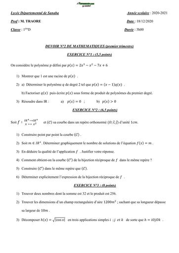 DEVOIR DE MATHS 1ière D N°2 TRIMESTRE 2 LYCEE SANABA 2021 BY TEHUA