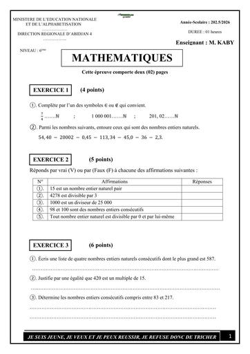Devoir DE MATHS NIVEAU 6ème maths ( Nombre entier naturel) by TEHUA