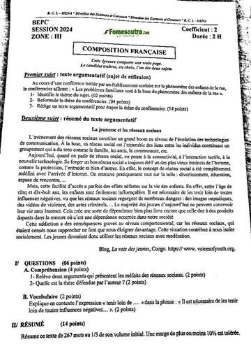 SUJET BEPC 2024 COMPOSITION FRANCAISE Zone 3 by Tehua