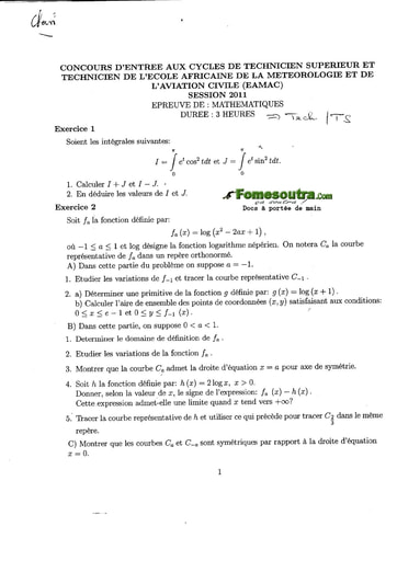 Sujet de Maths Concours EAMAC cycle Technicien Supérieur et Technicien session 2011