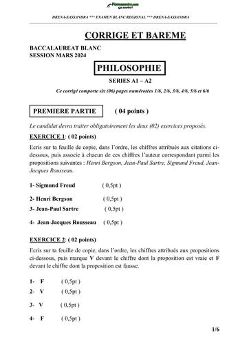 BAC BLANC DRENA SASSANDRA 14 PHILO CORRIGES  SERIE A1 A2 by TEHUA
