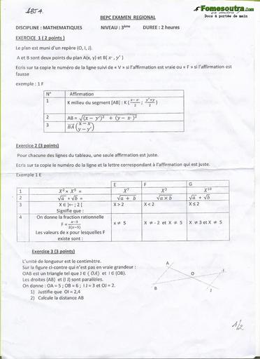 Sujet Mathématiques BEPC blanc 2017 - DREN Abidjan 4