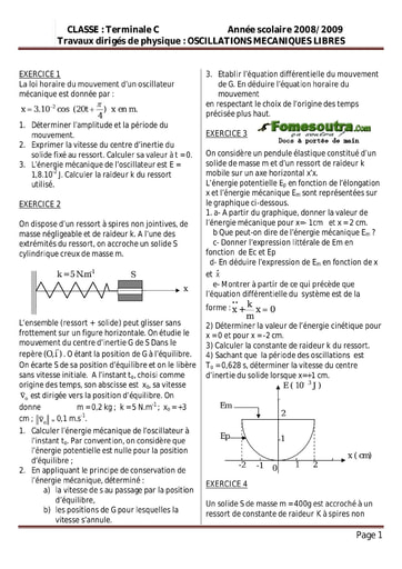 Sujet (2) Oscillations mécaniques libres - Physique Terminale C