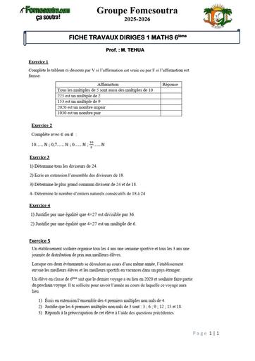 FICHE TRAVAUX DIRIGES 1 MATHS 6ième by Tehua