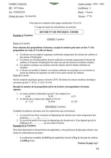 Sujet 1ière D devoir de Pc 1ere D COMEF 2 Daloa by Tehua