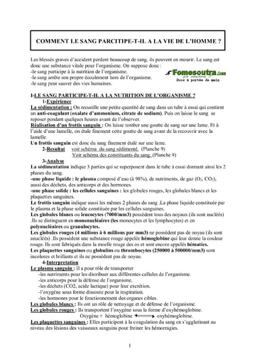 Participation du sang à la vie de l'homme - SVT 3ème