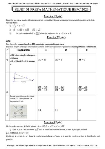 PREPA BEPC MATHS 2024 by Tehua