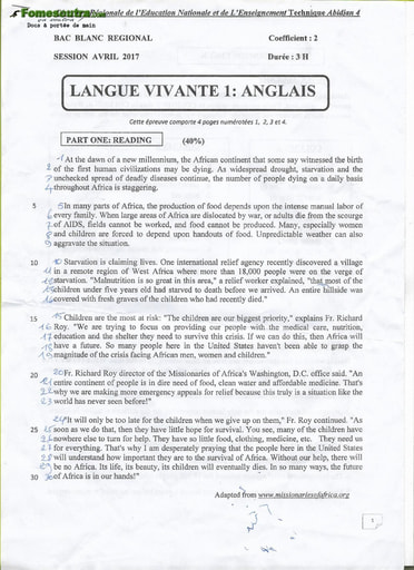 Sujet LV1 Anglais BAC blanc régional 2017 Abidjan 4 série A