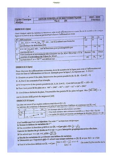 Sujets de Mathématique série C Lycée Classique d'Abidjan 2022-2023