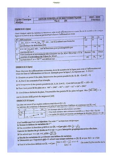 Sujets de Mathématique série C Lycée Classique d'Abidjan 2022-2023