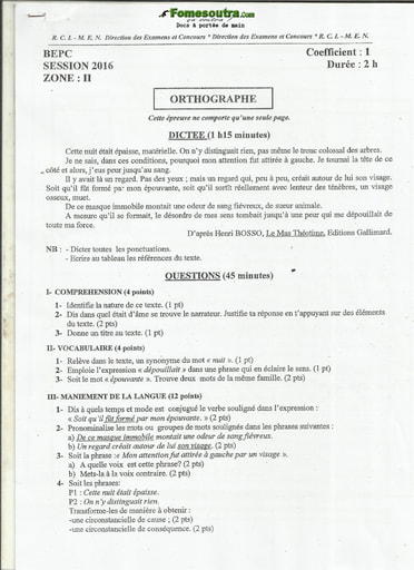 Sujet corrigé et barème d'Orthographe BEPC 2016 zone 2