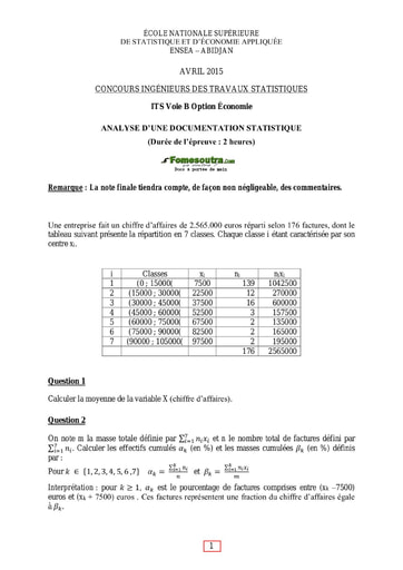 Sujet et Corrigé Analyse d'une Documentation Statistique ITS B option Economie 2015 (ENSEA)