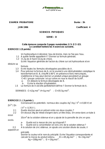 Sujet de Physique-Chimie 1 ère D examen Probatoire 1986