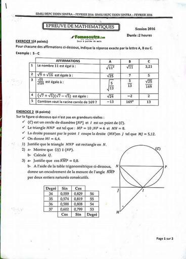 Sujet Maths BEPC blanc 2016 - Sinfra