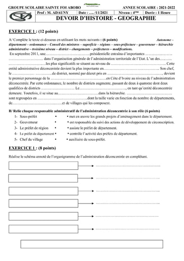 Devoir Histoire-Géographie Niveau 4ème 2021-2022 Collège Sainte Foi