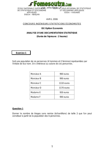 Sujet Analyse d'une documentation statistique ISE option économie 2006 (ENSEA - ISSEA)