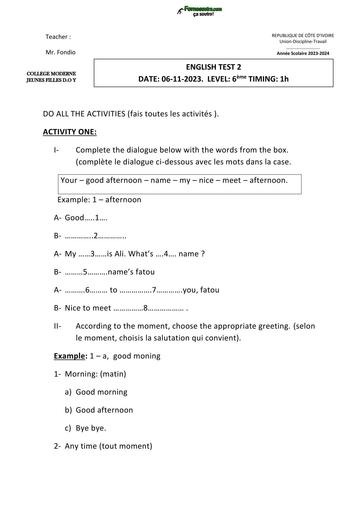 DEVOIR ANGLAIS N°2 NIVEAU 6ième ANNEE 2024 CORRIGE BY TEHUA