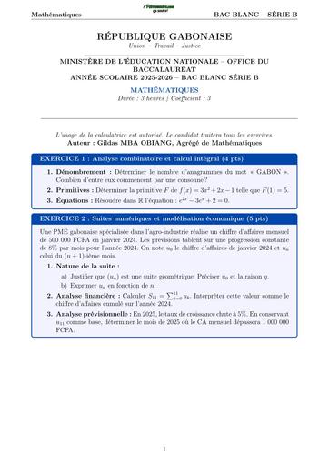 BAC 2026 Maths série B sujet GABON By TEHUA