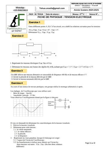 FICHE DE TRAVAUX DIRIGES Physique TENSION ELECTRIQUE 2nde C 2025 BY TEHUA