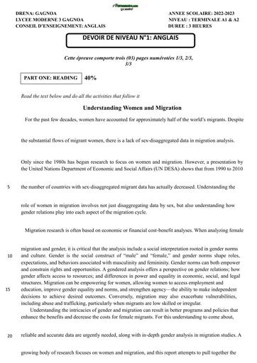 DEVOIR DE NIVEAU D'ANGLAIS N° 1 Tle A GAGNOA 2023 by TEHUA