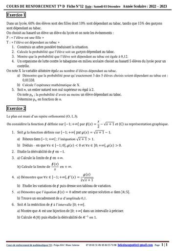 EXERCICE RENFO N°12 DE MATHS TD PREPA BAC BLANC INTERNE