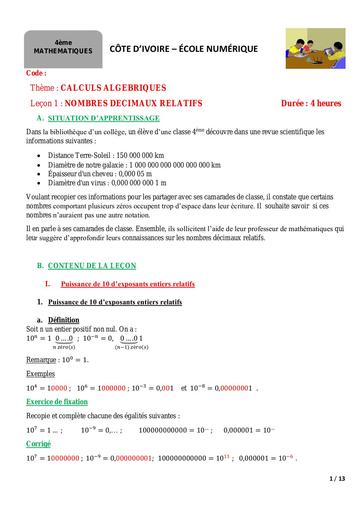 4e maths leçon 1 Nombres décimaux relatifs