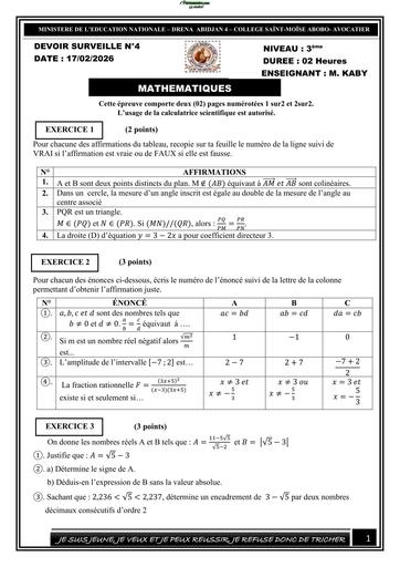 DEVOIR DE MATHS NIVEAU 3ième BY TEHUA