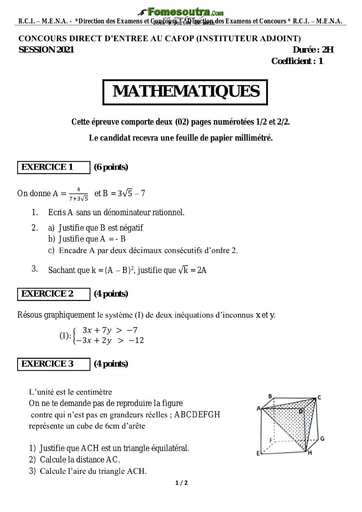 Sujet corrigé de  Mathématiques - Concours CAFOP (Instituteur Adjoint) session 2021