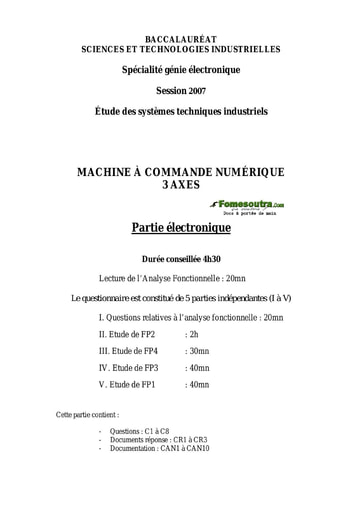 Sujet corrigé Machine à commande numérique 3 axes - Étude des Systèmes Techniques Industriels - BAC 2007