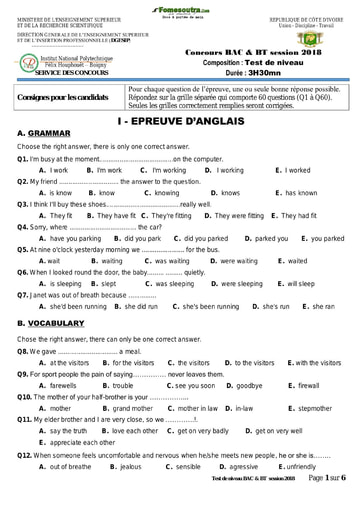 Sujets corrigés INPHB session BAC et BT 2018