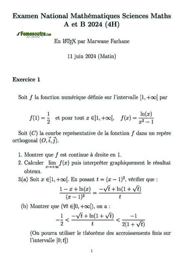 SUJET DE MATHS SERIE C BAC 2024 MAROC by Tehua