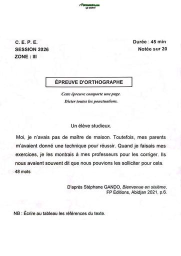 Sujet CEPE 2026 Orthographe zone I Côte d'Ivoir By Tehua